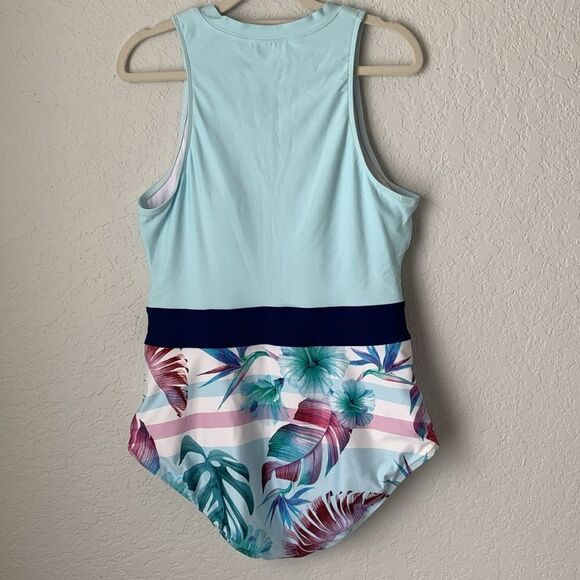 NEXT Swimsuit One Piece Zip Up Light Blue and Floral Design Women’s Size XL - Picture 2 of 12